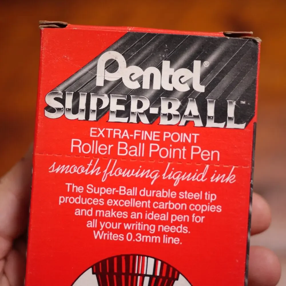 Box of 12 Vtg NEW Deadstock PENTEL Red SUPER-BALL Extra Fine Point Pen R206-B